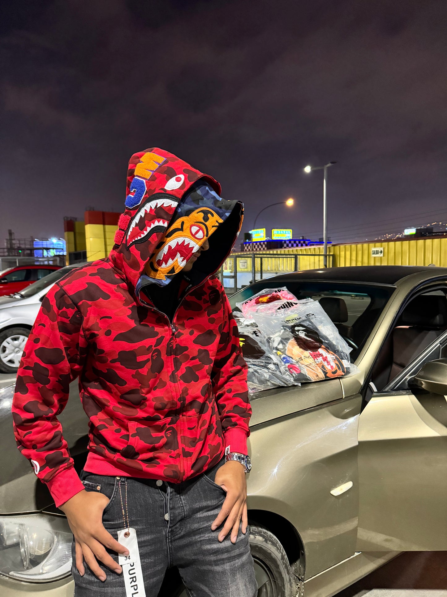 BAPE Color Camo Tiger Shark Wide Full Zip Double Hoodie Red/Blue