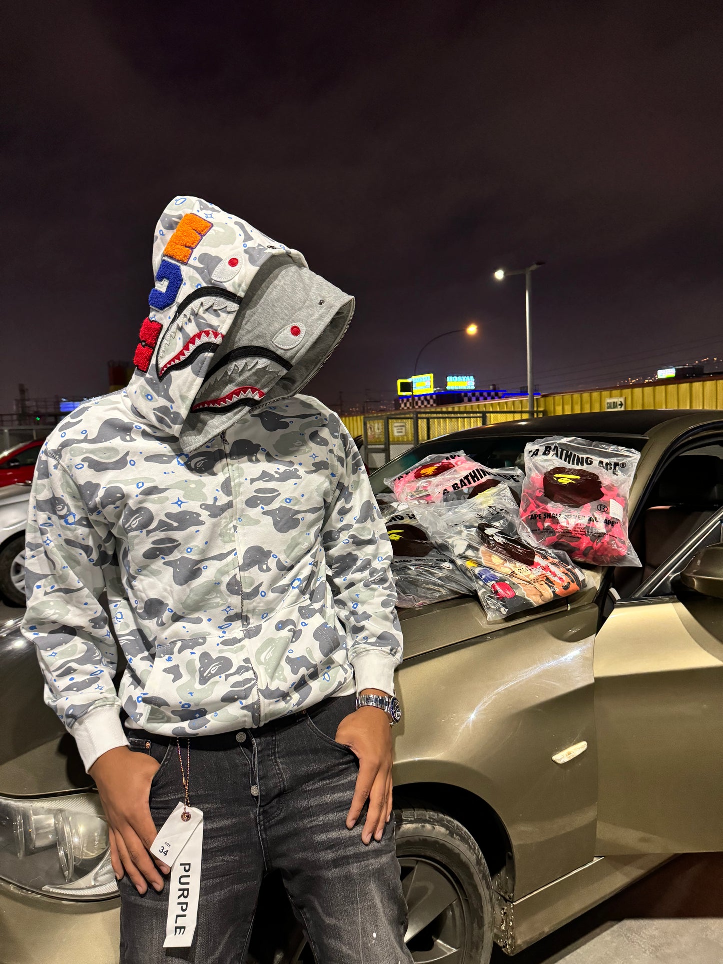 BAPE Space Camo Shark Full Zip Double Hoodie White Multi