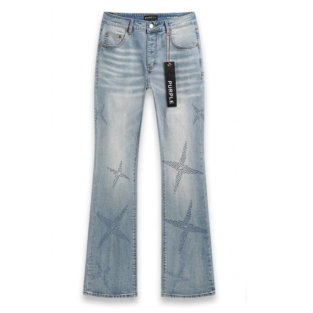 Purple Jeans Blue Stars Rhinestone Flared