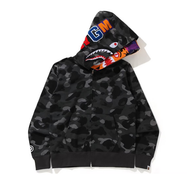BAPE Color Camo Tiger Shark Wide Full Zip Double Hoodie Black/Purple