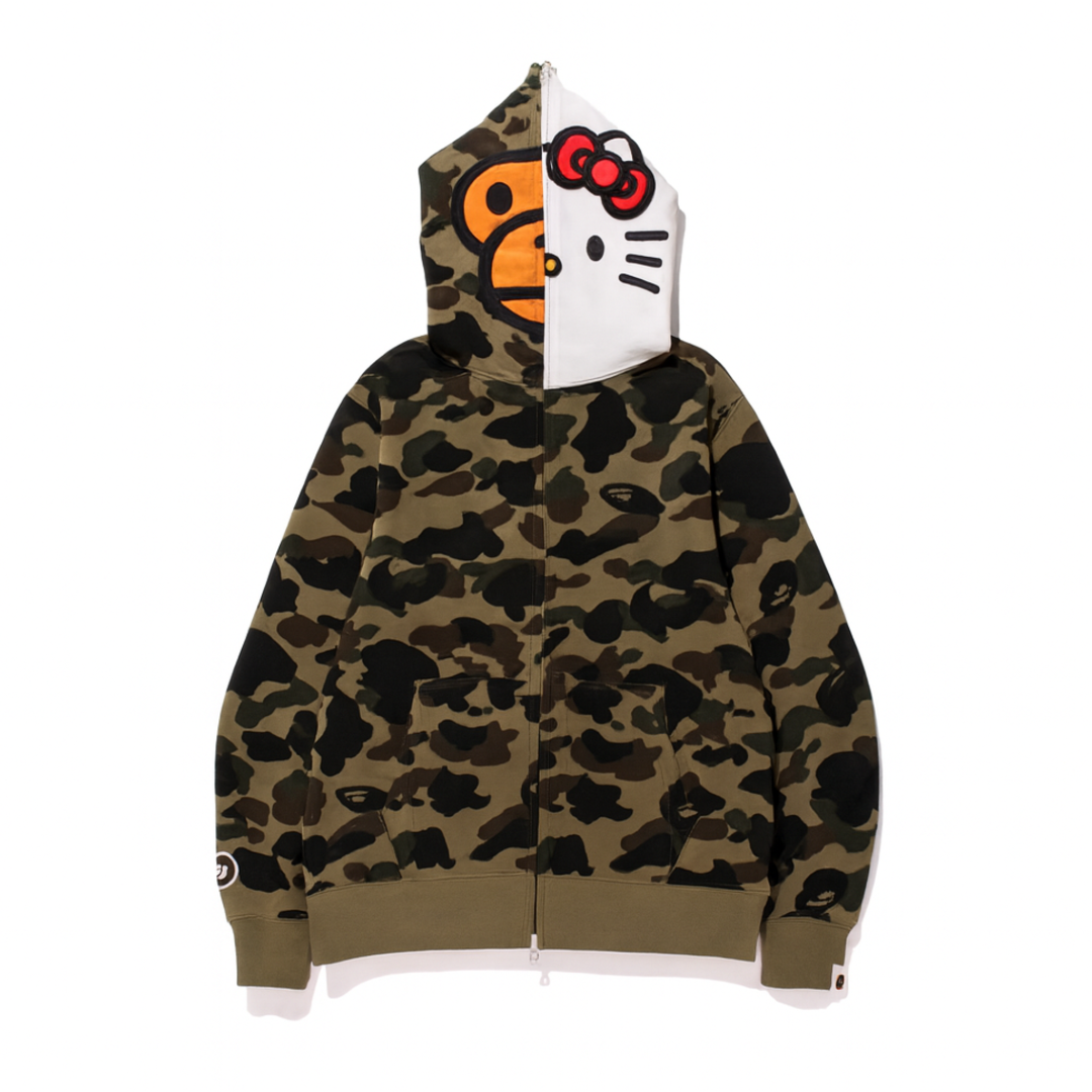 BAPE Sanrio Milo Hello Kitty Split Face 1st Camo Full Zip Hoodie Green Hoodie