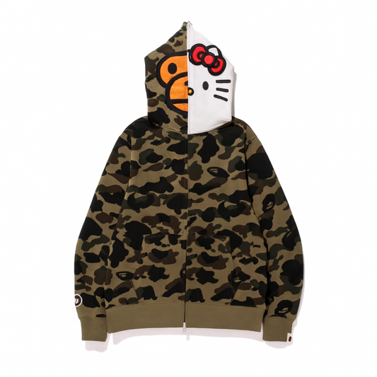 BAPE Sanrio Milo Hello Kitty Split Face 1st Camo Full Zip Hoodie Green Hoodie