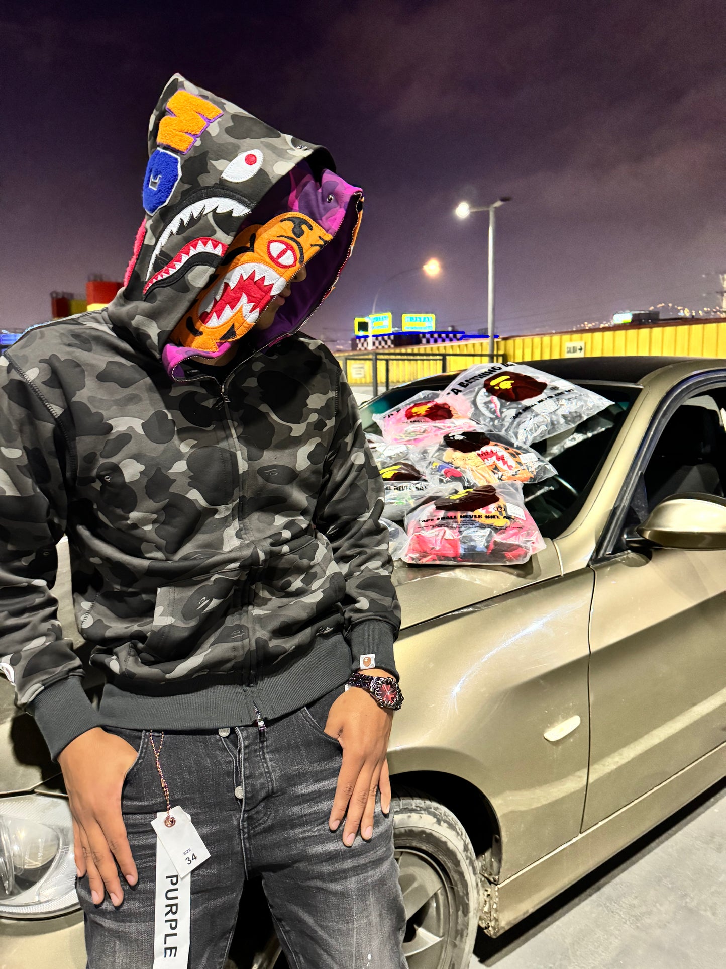 BAPE Color Camo Tiger Shark Wide Full Zip Double Hoodie Black/Purple