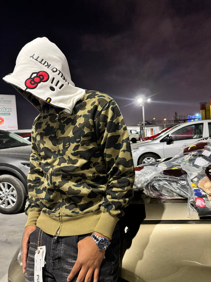BAPE Sanrio Milo Hello Kitty Split Face 1st Camo Full Zip Hoodie Green Hoodie